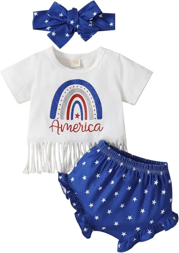 Miniatura 27 de Conjunto de camiseta y pantalones cortos para bebé niña del 4 de julio, camiseta y pantalones cortos para el Día de los Caídos