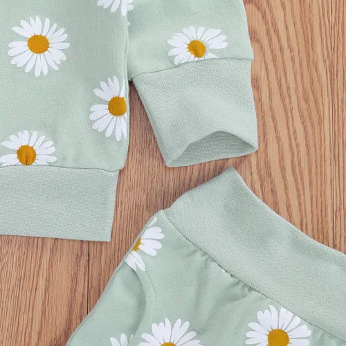 Miniatura 4 de CIYCUIT Conjunto de 3 piezas de sudadera de margaritas + pantalones + diadema, ropa infantil de otoño e invierno