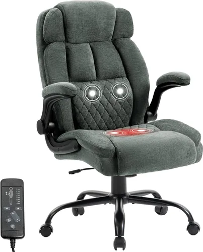 Miniatura 10 de Silla de oficina de masaje, sillas de escritorio ergonómicas mecedoras de 500 libras con 4 puntos de vibración y calor, reposabrazos abatibles Pu