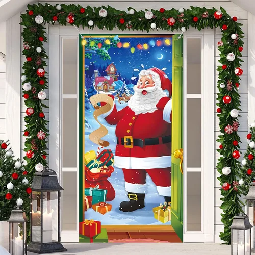 Irenare Decoraciones navideñas para puerta delantera, cubierta de puerta de Papá Noel, cartel colgante de vacaciones de invierno, telón de fondo de