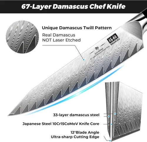 Miniatura 2 de SHAN ZU - Cuchillo de chef de Damasco de 6 pulgadas, cuchillo de cocina de acero japonés de 67 capas 10Cr15CoMoV, cuchillo de chef japonés súper