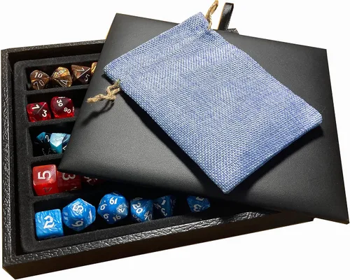 N'icePackaging - Bandeja de dados acolchada negra de lujo con bolsa de dados de viaje de arpillera azul - para juegos de rol/mesa/D&D 5e / rodar