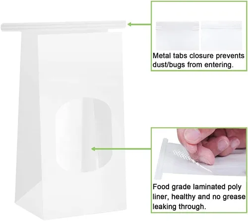Miniatura 6 de BagDream Bolsas pequeñas de panadería con ventana, 50 unidades, 3.54 x 2.36 x 6.7 pulgadas, bolsas de papel kraft blanco con bloqueo de lengüeta