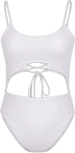 Miniatura 4 de Meyeeka Monokini con cuello redondo para mujer, parte delantera de encaje, corte alto, una pieza