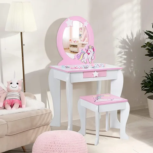 Miniatura 10 de HONEY JOY Tocador para Niños, Mesa de Maquillaje para Niños Pequeños con Espejo y Taburete, Tocador de Madera de Juego de Simulación para Niñas
