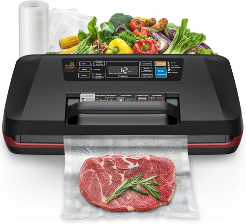 Máquina selladora al vacío de 95 kPa, sellador de alimentos totalmente automático comercial, funciones 10 en 1 y potente sistema de sellado con Rojo