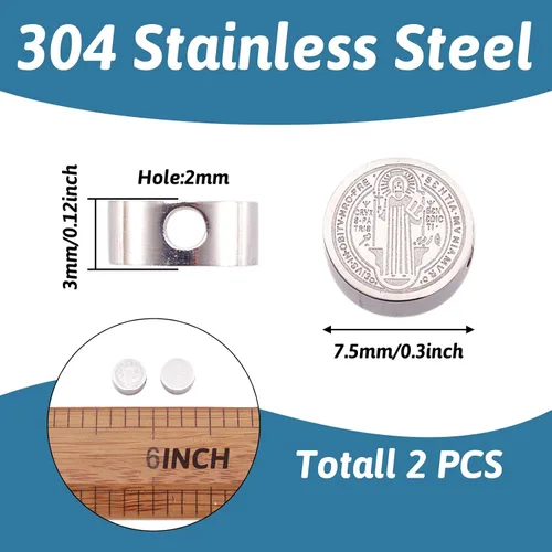 Miniatura 2 de Pandahall - 10 cuentas de medalla de San Benito 304 de acero inoxidable plano redondo con cruz espaciadora, abalorios de doble cara para bricolaje