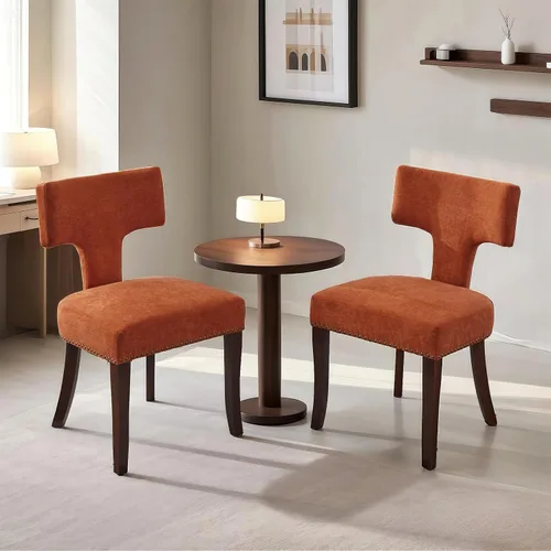 Miniatura 16 de SoarFlash Juego de 2 sillas de comedor modernas de madera, silla tapizada de tela de lino de granja, respaldo curvado con clavos de cobre alrededor