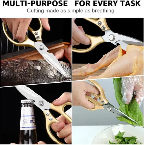 Miniatura 4 de ONEBOM Paquete de 2 tijeras de cocina multifuncionales, acero inoxidable 304 afilado, accesorios de cocina dorados para apartamentos, tijeras