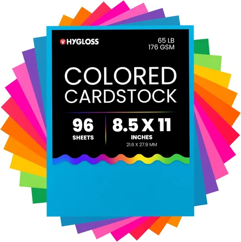 Hygloss Cartulina de Colores Brillantes - 8.5x11 Pulgadas, 12 Colores Surtidos, 96 Hojas, 65 lb/ 176 gsm, Resistente a la Decoloración, Papel de