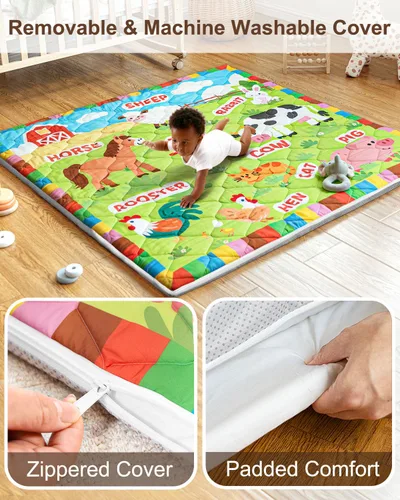 Miniatura 2 de Tapete de juego de espuma para bebé de 50 x 50 pulgadas, funda extraíble y lavable a máquina, tapete de juego acolchado grueso y perfecto para Granja