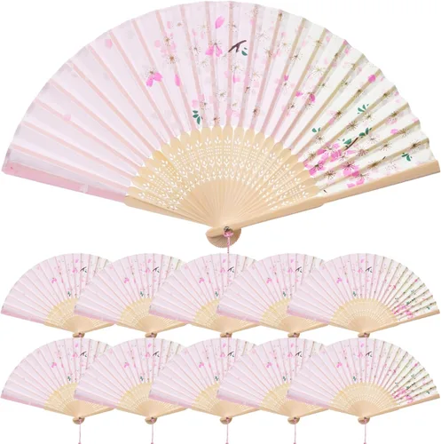 Miniatura 9 de QIRMIZI 10 ventiladores de mano, abanicos plegables de seda, abanicos plegables florales para cumpleaños, baile, cosplay, bodas, fiestas y eventos