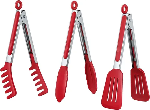 HST Paquete de 3 pinzas de cocina, pinzas antiadherentes de acero inoxidable de 9 pulgadas con punta de silicona para cocinar, barbacoa, hornear Rojo