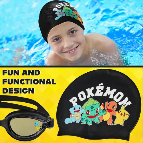 Miniatura 2 de Get Trend Gafas de natación y gorro de natación para niños y adolescentes, antivaho con protección UV Pokemon Negro