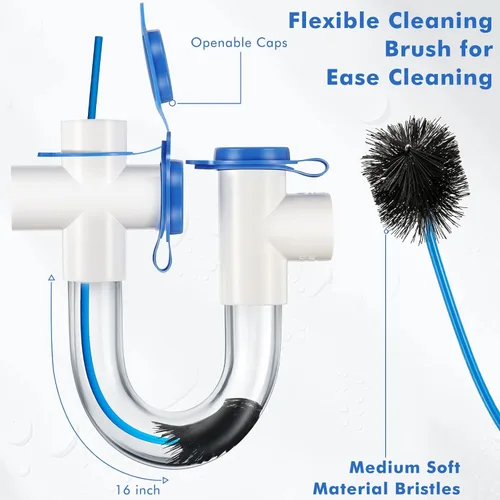 Miniatura 5 de Trampa de condensado estándar de 3/4 pulgadas con cepillo de limpieza, trampa en U de PVC para sistemas HVAC, aire acondicionado, drena eficazmente