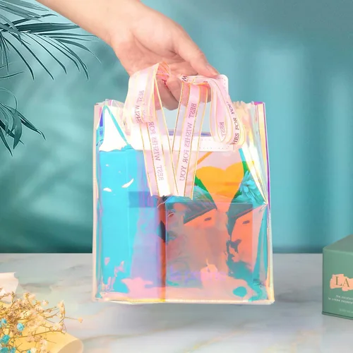 Miniatura 6 de Bolsas de regalo pequeñas holográficas, paquete de 2 unidades de 7.9 x 7.1 x 3.9 pulgadas con asas para mujeres, niñas, cumpleaños, Navidad, fiestas