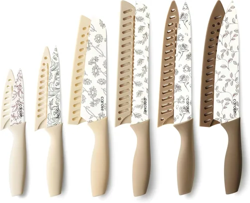 CAROTE Juego de cuchillos de cocina de 12 piezas, con 6 protectores de cuchillas, juego de cuchillos de acero inoxidable con revestimiento de