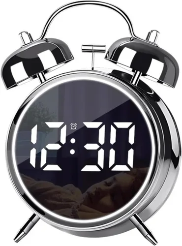 Miniatura 8 de Pequeño reloj despertador electrónico LED de doble campana, reloj despertador de metal ruidoso para dormir pesado, reloj despertador digital