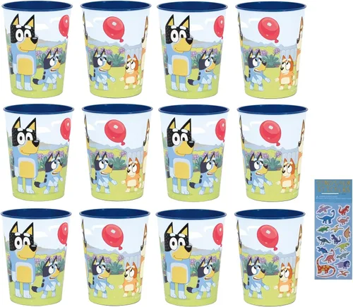 El paquete único de suministros para fiesta de cumpleaños de Bluey incluye 12 vasos de plástico reutilizables