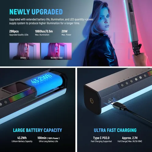 Miniatura 5 de NEEWER Barra de Luz LED RGB2 con Puerta de Granero de Metal, Mango, Barra Táctil/APP/Control 2.4G, Luz de Video RGB Magnética Recargable de Mano