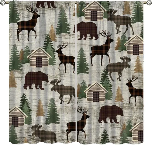 Miniatura 18 de Cortinas rústicas de alce y oso, tratamiento retro para ventana de cabaña de oso salvaje para dormitorio, cocina, cortinas de estilo rústico Retro