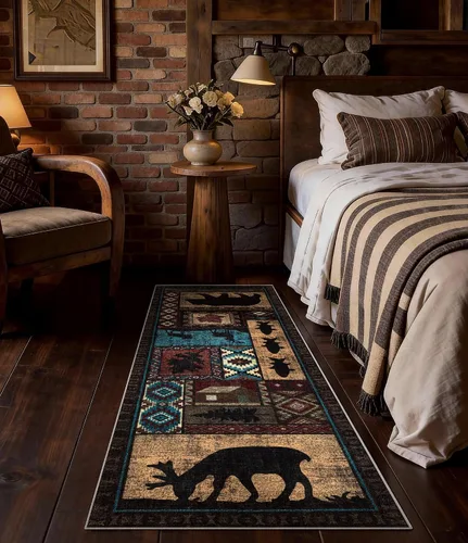 Miniatura 4 de Alfombra de pasillo de 2 x 6 pulgadas para interior - Alfombra de entrada rústica de cabaña con diseño de oso, antideslizante, de pelo bajo