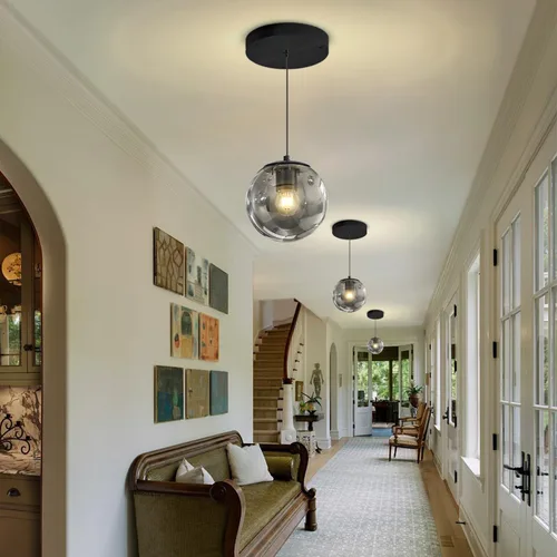 Miniatura 4 de ykolupty Lámpara colgante negra de 1 luz moderna de globo de vidrio gris ahumado, luces colgantes para isla de cocina, luces colgantes ajustables
