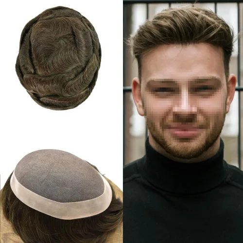 Miniatura 24 de Hombres Toupee Cabello Humano Durable Fine Monofilamento Toupee para hombre Línea capilar Natural Hombres Hairpiece Sistema de Cabello Humano