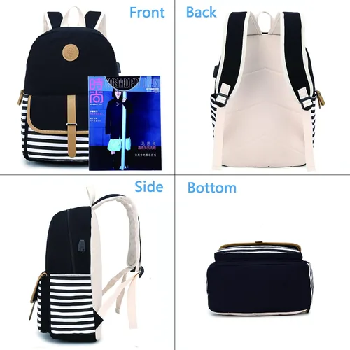 Miniatura 5 de Mochila escolar para adolescentes y mujeres, lindo juego de mochila universitaria de lona a rayas con bolsa de almuerzo, bolsa para lápices