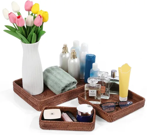 Miniatura 5 de Juego de 3 bandejas de ratán, bandeja rectangular tejida, bandeja decorativa de mimbre, organizador de tocador de mesa de café, encimera de cocina