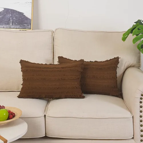 Miniatura 22 de GYROHOME Paquete de 2 fundas de almohada de algodón y lino, fundas de cojín decorativas, diseño de borlas, fundas de cojín modernas con flecos