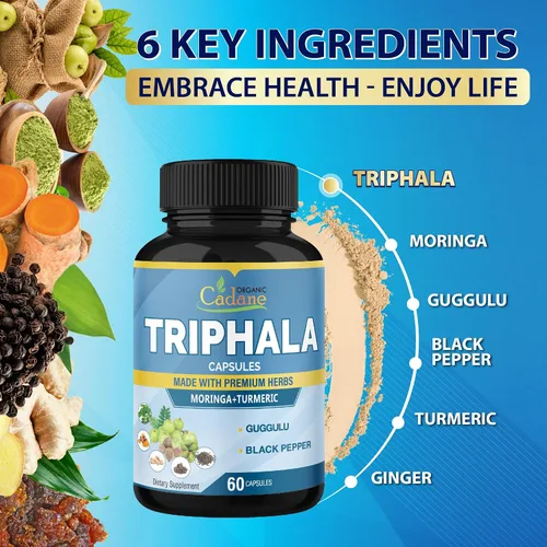 Miniatura 5 de Organic Cadane Cápsulas de extracto de Triphala – Complejo de 6 ingredientes premium con cúrcuma, moringa, guggul, jengibre y pimienta negra – 60