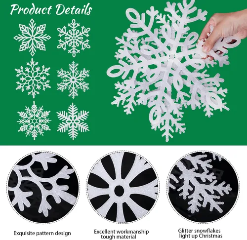 Miniatura 3 de Sratte Paquete de 36 adornos de copos de nieve grandes con purpurina de 12 pulgadas, decoración gigante de plástico para colgar en invierno, Blanco