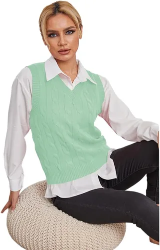 Miniatura 3 de Fisoew Chaleco de punto vintage sin mangas con cuello en V para mujer, estilo preppy casual