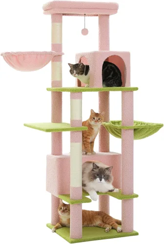 Miniatura 9 de PEQULTI Árbol para gatos de interior de 66 pulgadas, torre alta para gatos grandes con poste rascador, hamaca de metal súper grande y 2 condominios