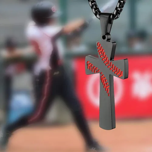 Miniatura 7 de Aiyo Nice Collar con colgante de cruz de béisbol para niños y hombres chapado en oro de 18 quilates versículo bíblico de acero inoxidable joyería