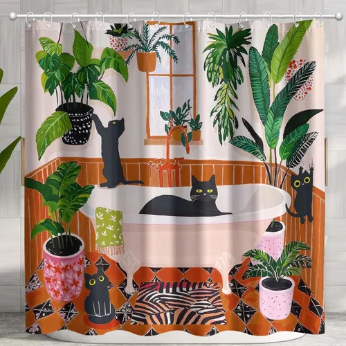 Miniatura 10 de Divertida cortina de ducha con diseño de gatos negros, estilo bohemio, bonita, divertida, para baño, gatito, verde, hojas tropicales, beige, marrón