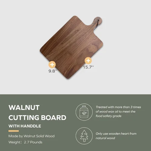 Miniatura 7 de Tabla de cortar de madera de nogal Muso Wood para cocina, tabla de cortar de madera con mango para colgar, tabla cuadrada de pan, pizza, queso