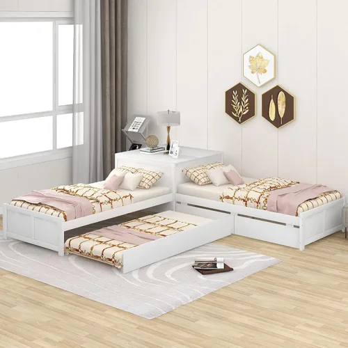 Miniatura 5 de Moderna cama de plataforma en forma de L con nido y cajones, cama de plataforma de madera de tamaño individual con mesa cuadrada abatible White#w