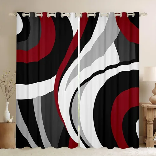 Cortina de ventana de rayas rojas y negras, cortinas abstractas con ondas circulares, cortinas geométricas para tratamiento de ventanas para niños,