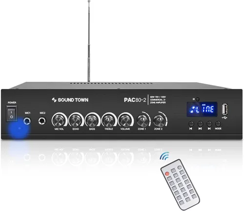 Sound Town Amplificador de potencia comercial de 60 W, 2 zonas, 70 V/100 V, con Bluetooth, aluminio, para restaurantes, salones, bares, pubs,