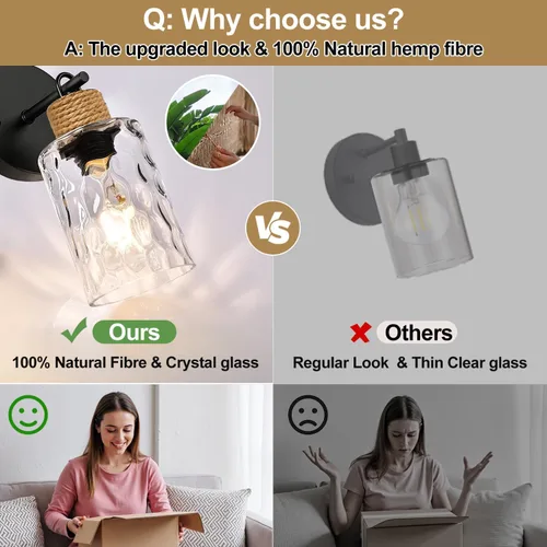 Miniatura 6 de MOKATNG Juego de 2 apliques de pared para baño, luces de tocador modernas costeras con pantalla de cristal, lámpara de pared negra para espejo