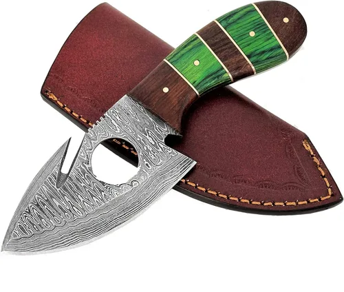 WINTERFELL Cuchillo de caza con gancho intestinal hecho a mano personalizado con funda de cuero, cuchillo de supervivencia de hoja fija de acero de