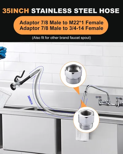 Miniatura 4 de Válvula rociadora de fregadero comercial con manguera: iVIGA 38" Manguera de pulverización de cocina comercial flexible de acero inoxidable