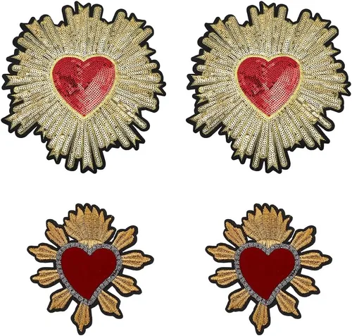 4 parches de corazón de 2 estilos hechos a mano, parches de lentejuelas doradas, flores de amor rojas, adhesivo de fusión en caliente, parche