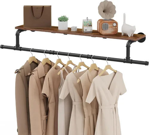 Miniatura 9 de Perchero Industrial de Tubería, Perchero de Ropa de Hierro Resistente Montado en Pared para Colgar Ropa, Estante con Barra para Colgar