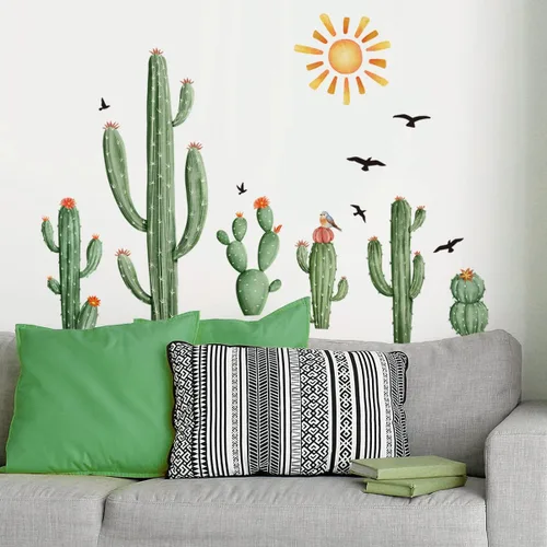 Miniatura 3 de Calcomanías de Pared de Cactus Boho Calcomanías de Pared de Sol Boho Plantas Tropicales de Cactus Verdes con Pájaros Calcomanías de Pared para Sala