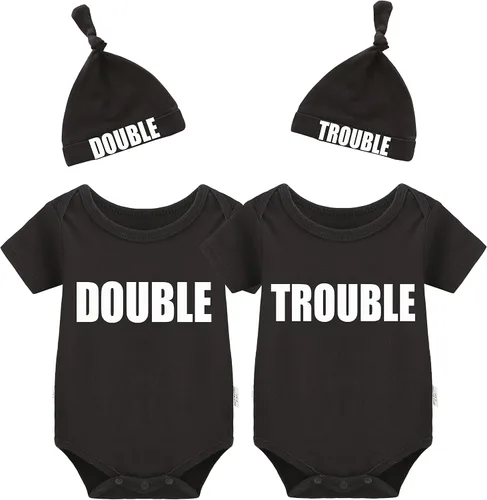 Miniatura 31 de YSCULBUTOL Conjunto de mameluco para bebé gemelos, divertido doble problema, lindo mameluco para niña, mono gemelo, conjunto de sombrero