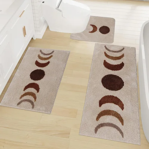 Miniatura 7 de Schweek Juego de 3 alfombras de baño bohemias, antideslizantes, absorbentes, de fases lunares, alfombra de baño de microfibra con tapetes