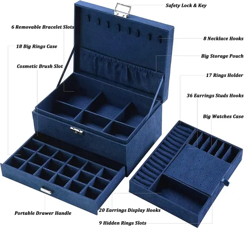 Miniatura 3 de Joyeros para mujer, organizador de joyas de terciopelo azul marino con cerradura, organizadores de joyas para adolescentes, organizador de joyas